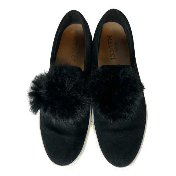 SESTO MEUCCI Womens Size 40 Black Suede‎ Fur Pompom Slip On Sneaker Loafer Shoes - Picture 2 of 11